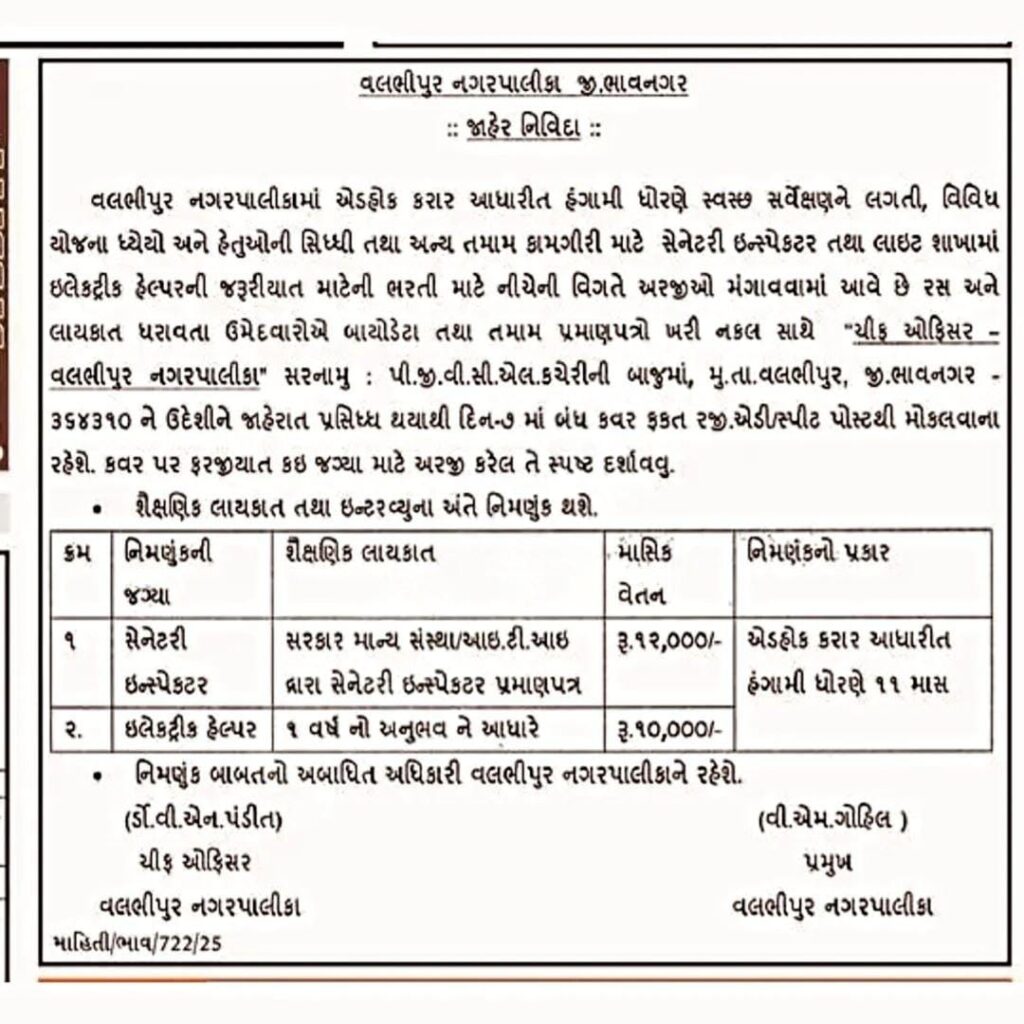 વલ્લભપુર નગરપાલિકા ભરતી જાહેરાત 2025