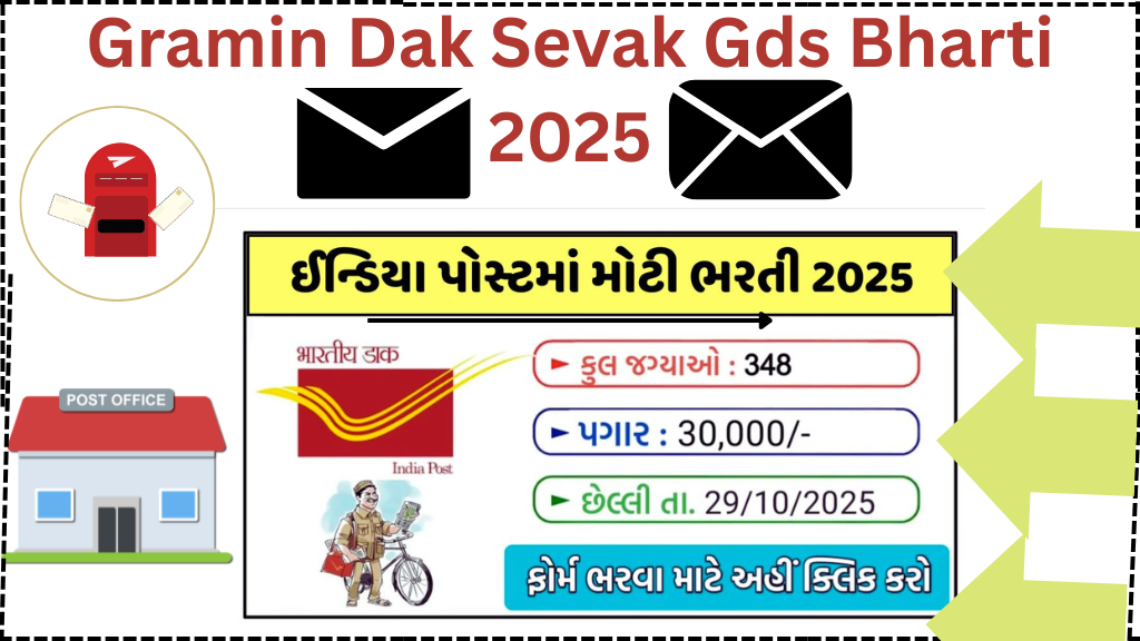 gramin dak sevak gds bharti 2025:ઈન્ડિયા પોસ્ટમાં મોટી ભરતી 2025 ગ્રામીણ ડાક સેવક (GDS) ની ભરતી શરૂ! કુલ જગ્યાઓ: 348 પગાર: ₹30,000/-