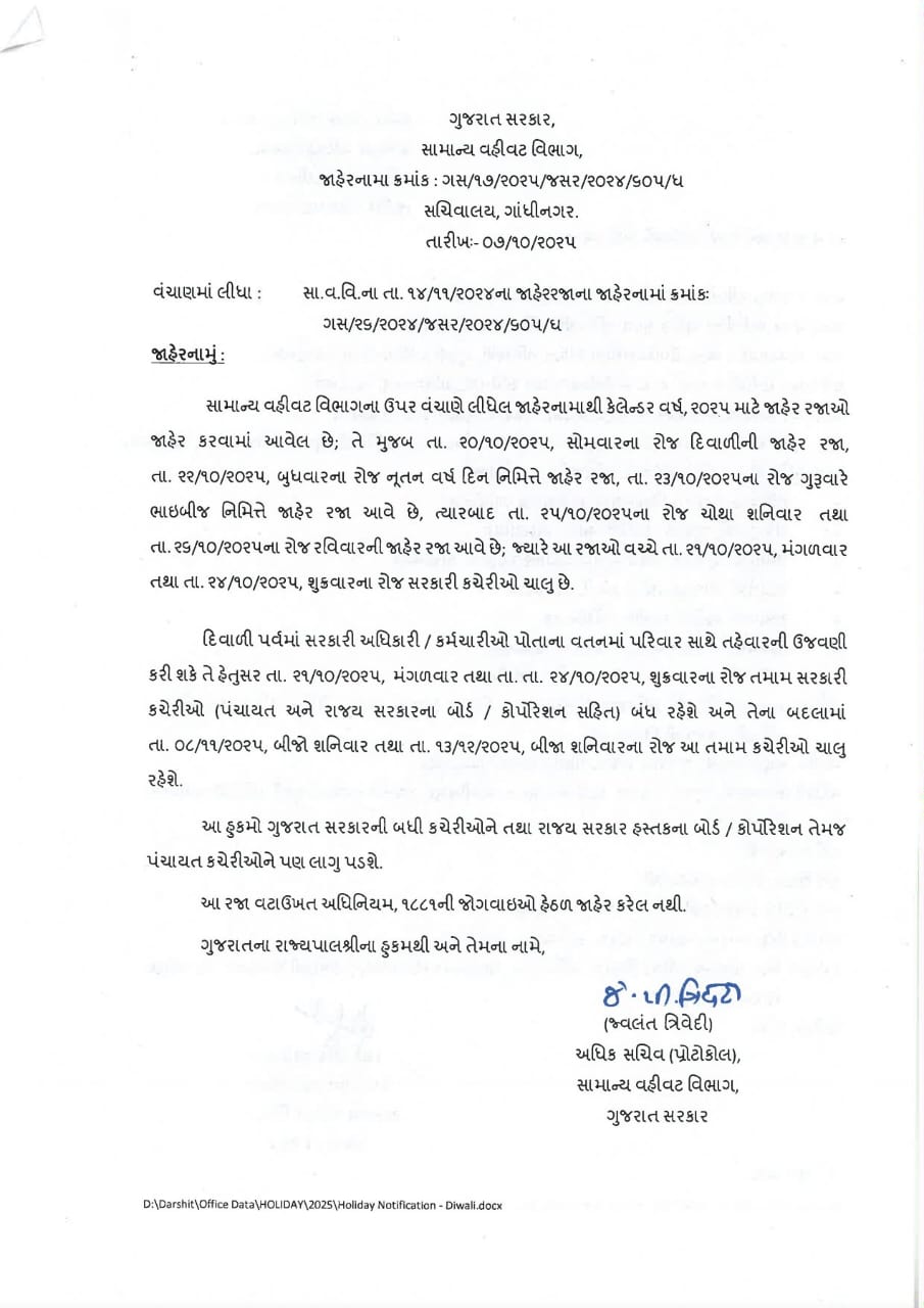 ગુજરાતમાં સરકારી કર્મીઓને દિવાળીનું મિનિ વેકેશન: 19 થી 26 ઓક્ટોબર સુધી સતત 8 દિવસ સરકારી કચેરીઓમાં રજા