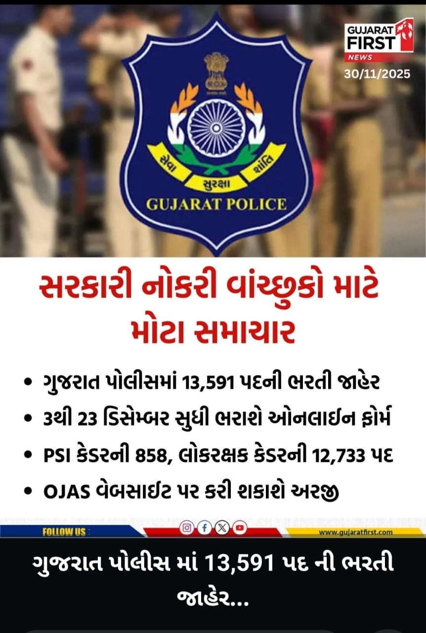 Gujarat Police Bharti 2025: PSI & LRD 12,888+ Vacancies – Apply Online @ OJAS (03 Dec to 23 Dec)