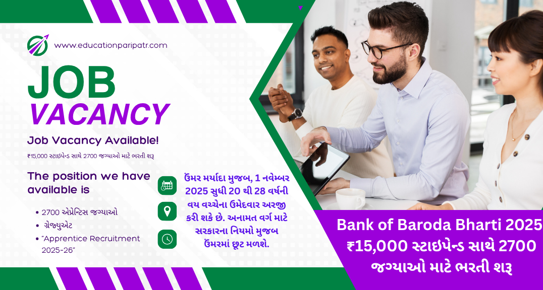 Bank of Baroda Bharti 2025: ₹15,000 સ્ટાઇપેન્ડ સાથે 2700 જગ્યાઓ માટે ભરતી શરૂ