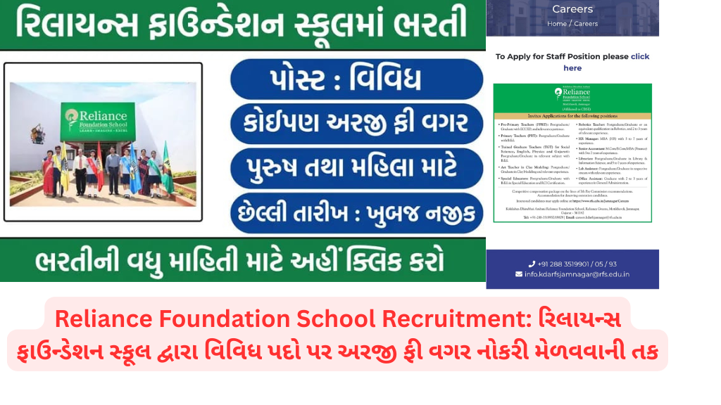 Reliance Foundation School Recruitment: રિલાયન્સ ફાઉન્ડેશન સ્કૂલ દ્વારા વિવિધ પદો પર અરજી ફી વગર નોકરી મેળવવાની તક