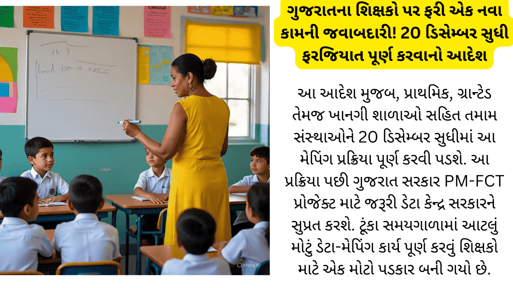 આ આદેશ મુજબ, પ્રાથમિક, ગ્રાન્ટેડ તેમજ ખાનગી શાળાઓ સહિત તમામ સંસ્થાઓને 20 ડિસેમ્બર સુધીમાં આ મેપિંગ પ્રક્રિયા પૂર્ણ કરવી પડશે. આ પ્રક્રિયા પછી ગુજરાત સરકાર PM-FCT પ્રોજેક્ટ માટે જરૂરી ડેટા કેન્દ્ર સરકારને સુપ્રત કરશે. ટૂંકા સમયગાળામાં આટલું મોટું ડેટા-મેપિંગ કાર્ય પૂર્ણ કરવું શિક્ષકો માટે એક મોટો પડકાર બની ગયો છે.