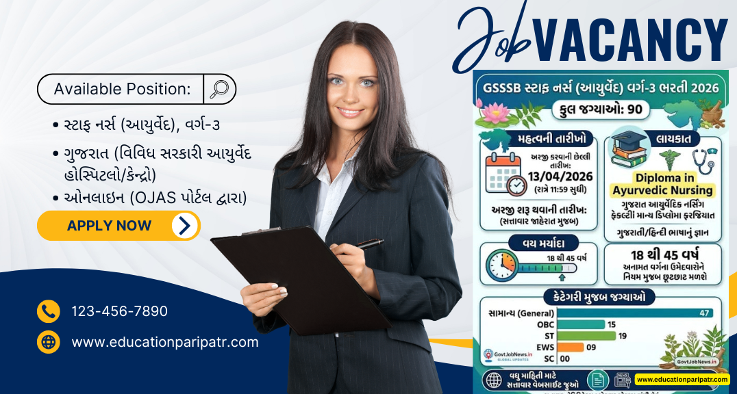 GSSSB Staff Nurse (Ayurveda) Recruitment 2026: 90 જગ્યાઓ માટે ભરતી જાહેર, સંપૂર્ણ વિગતો અહીં વાંચો