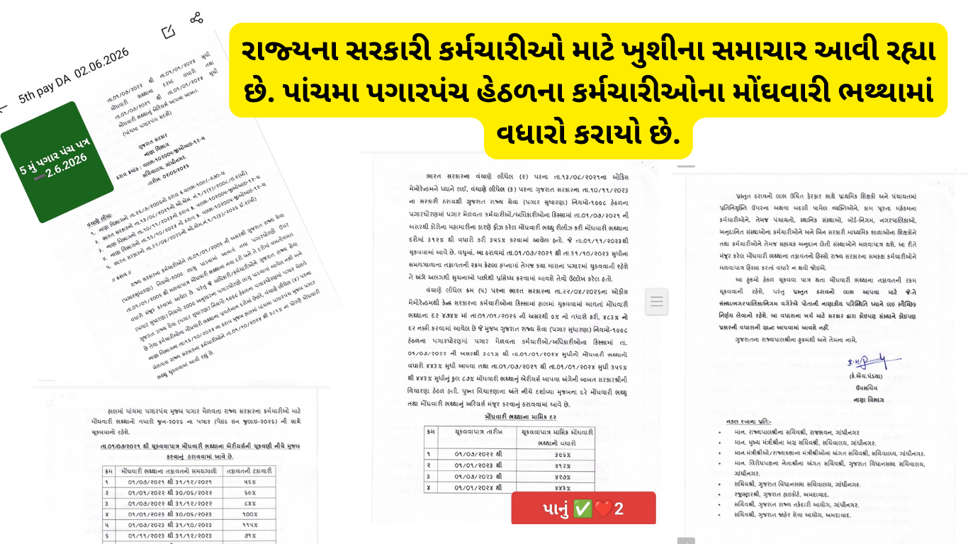 રાજ્યના સરકારી કર્મચારીઓ માટે ખુશીના સમાચાર આવી રહ્યા છે. પાંચમા પગારપંચ હેઠળના કર્મચારીઓના મોંઘવારી ભથ્થામાં વધારો કરાયો છે.